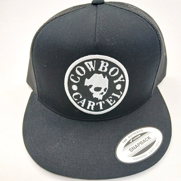 Black And White Flatbill Mesh Snapback Cowboy Cartel Patch Hat - Picture 1 of 4